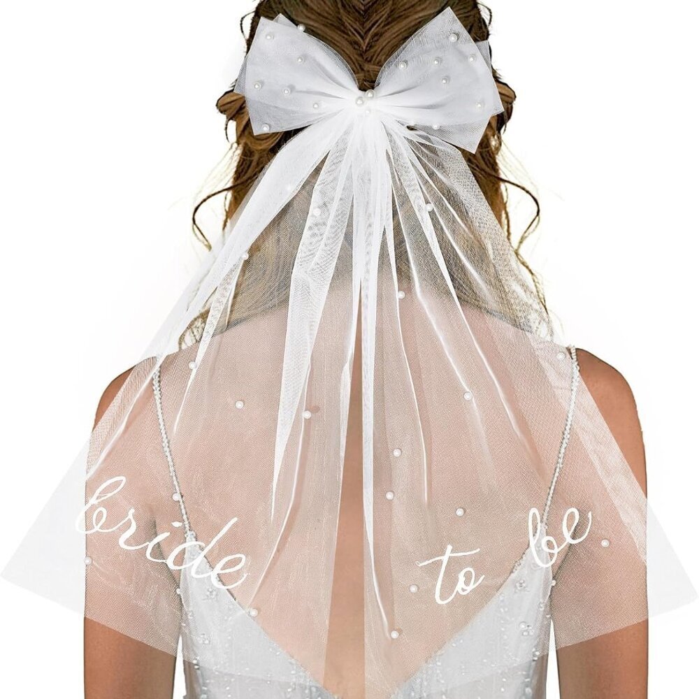 Bridal Veil Short Tulle Pearl Bow Hair Clip for Wedding Bachelorette Girls